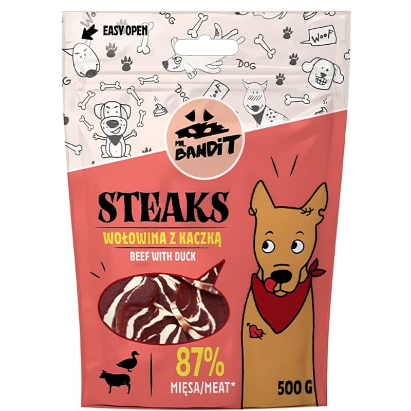 MR.BANDIT STEAKS BEEF DUCK gardums suņiem Liellops, pīle 500g